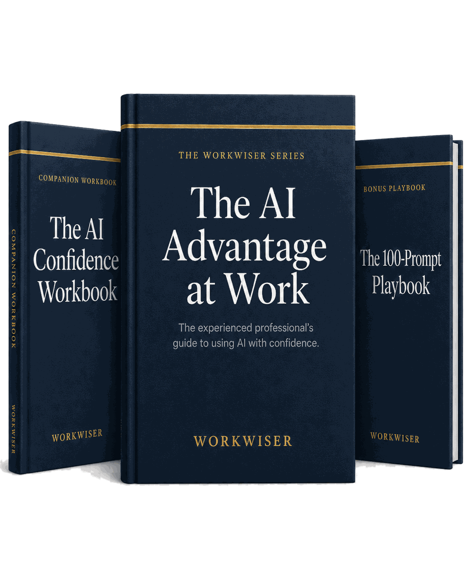 The WorkWiser three-book bundle: The AI Advantage at Work, The AI Confidence Workbook, and The 100-Prompt Playbook